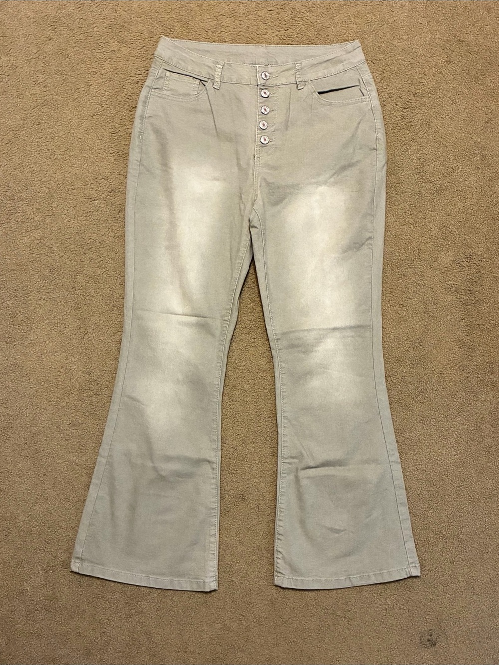 High-Rise Button-Fly Curvy Flared Stretchy Pants in Light Taupe Green 12 Short